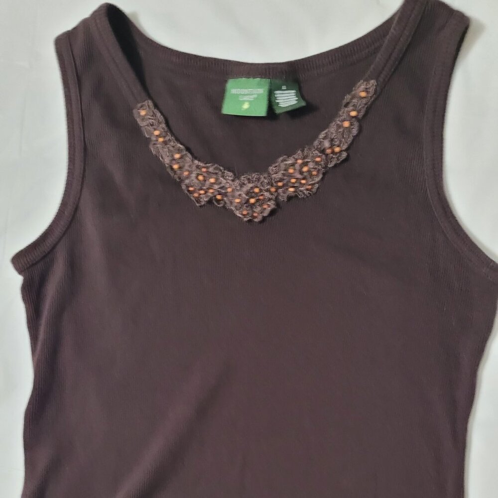 Brown Ribbed Tank Top Embellished Mounain Lake Womens Size L